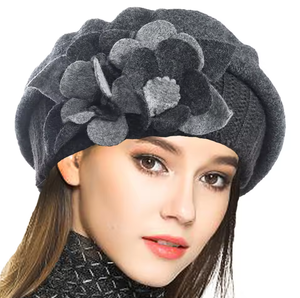 Béret en laine 100% pour femme, chic, à motif floral, chaud, en feutre, style artiste, pour l'hiver - Product Image 2