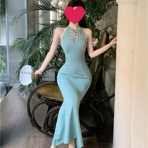 Traditional Chinese Cheongsam Dress Women Solid Color Fishtail Silhouette Party Wear Blue And Black - Product Image 3