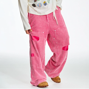 Pantaloni Cargo da Uomo in Corduroy Stile Retrò, Gamba Larga, Vestibilità Ampia, con Inserti Distressed sulle Ginocchia, Chiusura con Cerniera, Stile Hip Hop, in Cotone Lavato - Product Image 3