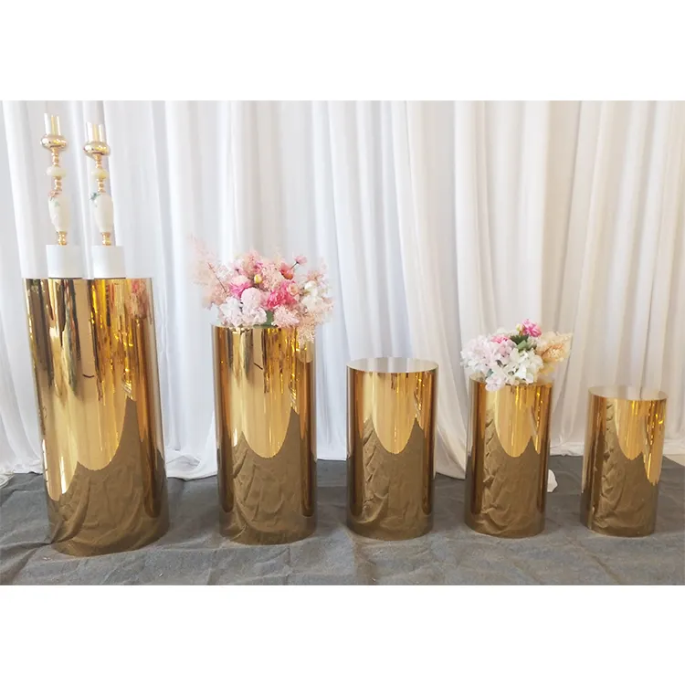 Wedding floor centerpieces hotel road decoration center piece Golden stainless steel tall flower holder Round Pillars