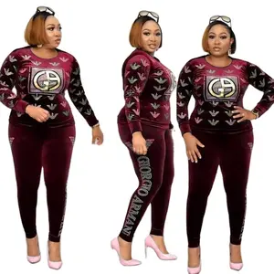 African Women Winter Velvet Set Zweiteilige Kleidung Sets Luxus Diamond Top und Hosenanzug für Femme K0289