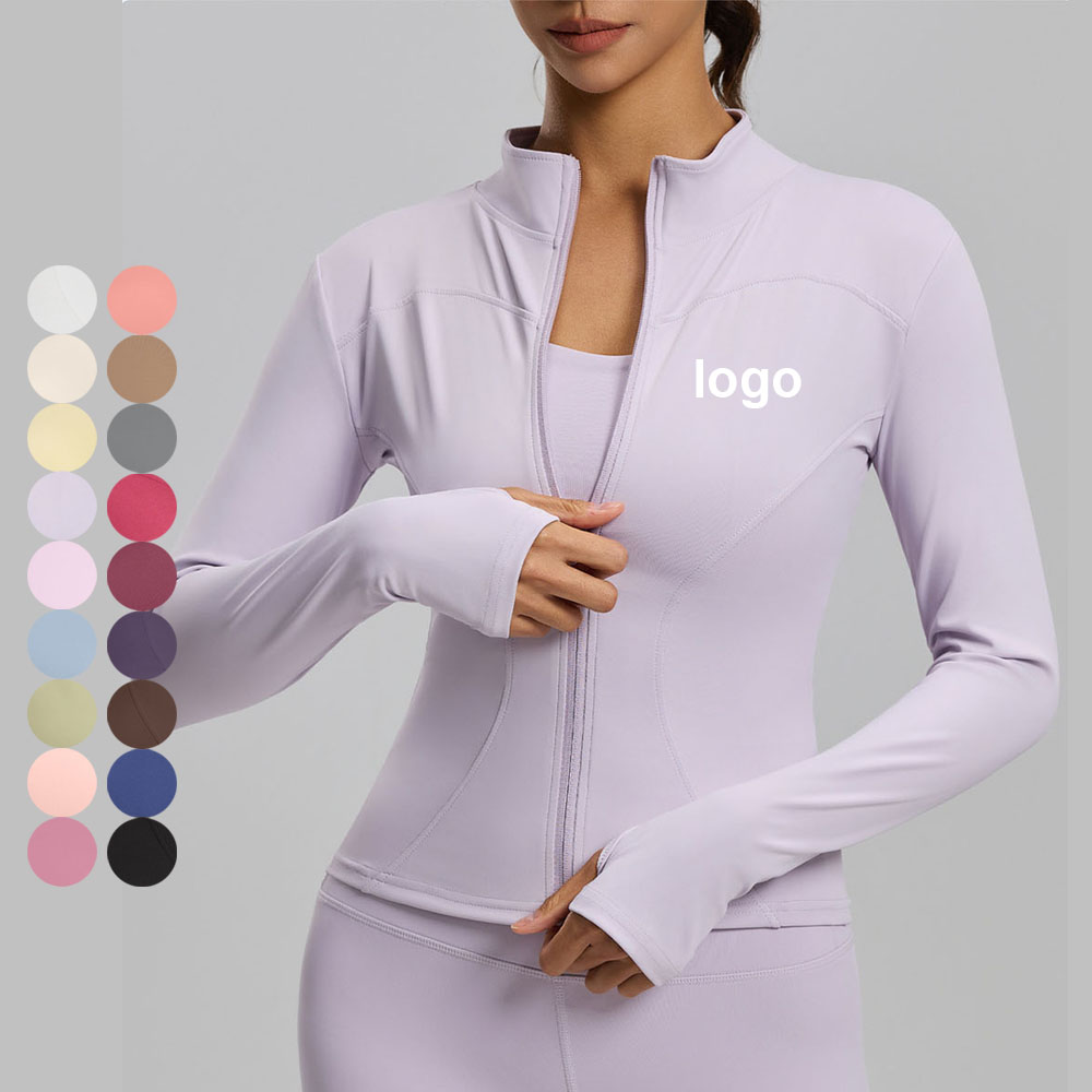 New Women's Slim Fit Solid Breathable Plus Size 3XL Yoga Top Front Logo Long Sleeve Zipper Stand Collar -Yoga Wear Clothings