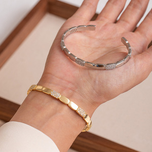 Geometric Zircon Open <b>Bangle</b> And Ring <b>Set</b> Gold And Silver Stainless Steel Women's Jewelry Gift - Product Image 1