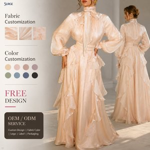 <span class=keywords><strong>Abito</strong></span> <span class=keywords><strong>lungo</strong></span> elegante da donna personalizzato in <span class=keywords><strong>organza</strong></span> color champagne, casual, con maniche a camicia, collo alto, collo con laccetti e volant, per feste - Product Image 1