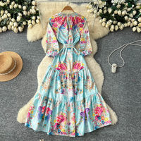 Robe longue décontractée pour femme WIWT, élégante, à imprimé floral, coupe trapèze, col montant, manches bouffantes, ceinturée, à volants, pour le quotidien et les vacances