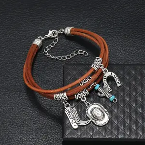 Custom Charm Multi-Wrap Lederen Armbanden Koe Jongen Mannen Paardenschoen Hoed Laars Bedels Cool Lederen Armbanden Paard Thema Armband