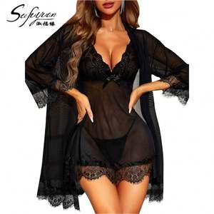 Sfy3838 - Lencería Sexy de Malla Suave al por Mayor, Conjunto de 2 Piezas: Vestido con Tirantes de Encaje y Túnica Acolchada con Tanga, Pijama Transparente - Product Image 4