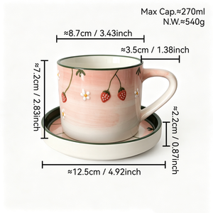 Set Tazza e Piattino in Ceramica da 270ml Dipinto a Mano con Motivi di Fragole e Fiori, Tazza da Caffè in Stile Pastorale Fresco per Tè del Pomeriggio - Product Image 6