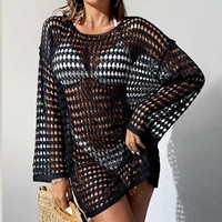 Robe de plage européenne et américaine, nouvelle collection été, robe sexy en tricot ajouré pour femmes, col rond, manches longues, couvre-bikini
