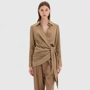 Wholesale Customized Lapel Collar Front Waist Twist Tie Loose Blouses Long Sleeve Linen Shirts For Women