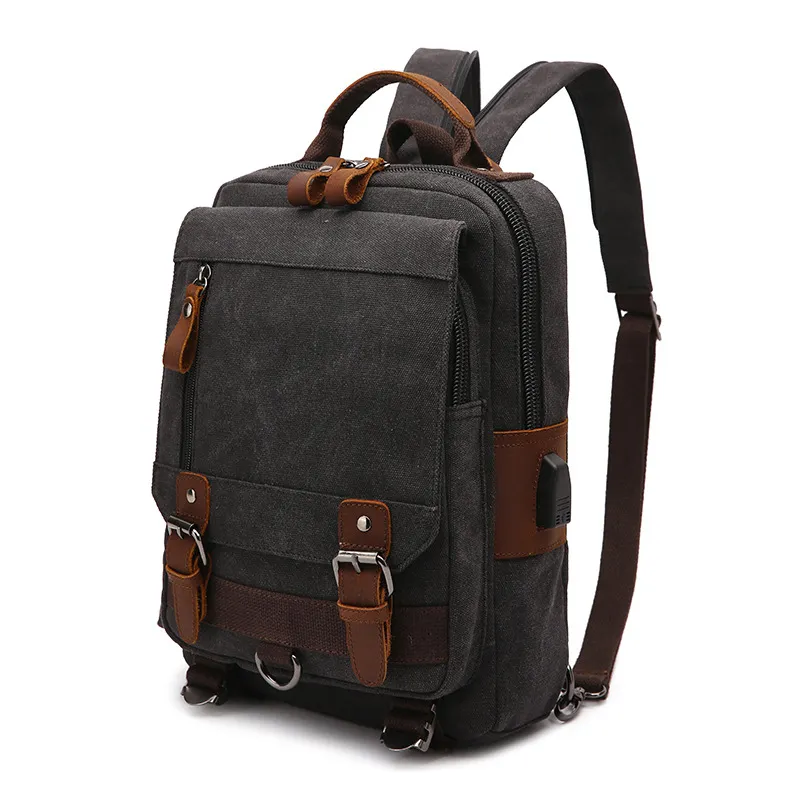 Wholesale Custom Designer Luxury Vegan Leather Vintage Canvas Rucksack Book Bag Laptop Backpack for College Men