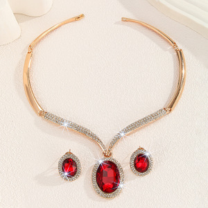 European and American Hot Sale Gold Zinc Alloy Inlaid <b>White</b> Rhinestone Red Crystal Necklace Earrings Set Women Jewelry - Product Image 3