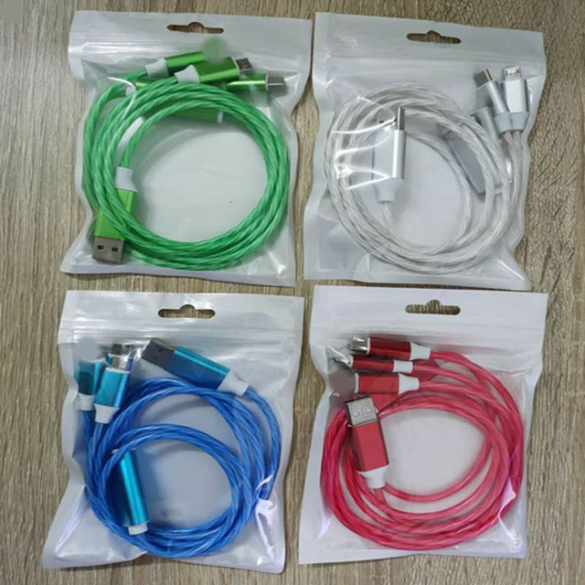 1.1m 3feet 3in1 3 in 1 Flowing Light Led Cable Charger LED Flashlight Usb Phone Power Cable with Flowing Led Light