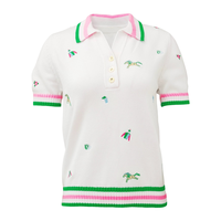 Pulls d'été en maille brodée pour femmes, en mélange de coton, à manches courtes, avec bordures contrastées, style preppy, pour le golf et le tennis, vente en gros sur mesure