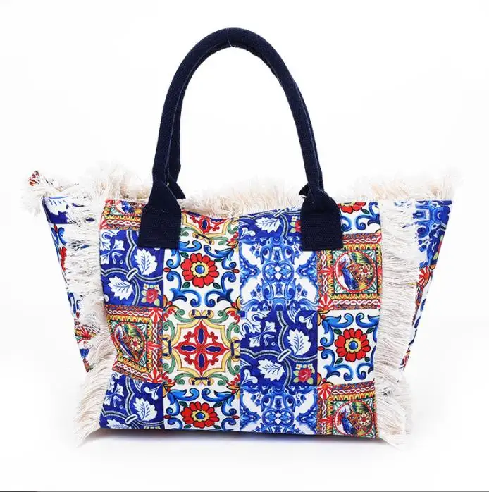 2024 Alibaba online chinese style canvas handbags tote bag with tassel, new design fashion lady handbags canvas leisure tote bag
