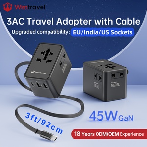 Wontravel 45W GaN EU India 3AC Outlet All-in-One World Universal International Travel Adapter with <b>Cable</b> - Product Image 1