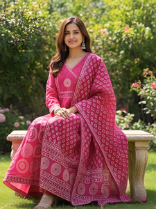 Ensemble de costume Anarkali imprimé en coton rose Radiant Rani, style Angrakha, pour femmes, vêtements ethniques de fête, séchage rapide, sans plis - Product Image 4