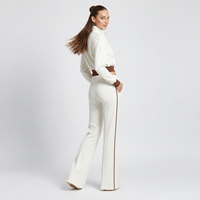 Ensemble de survêtement vintage années 70 personnalisé pour femme, crème, avec haut zippé côtelé contrastant et pantalon de survêtement évasé à plis, fabrication OEM