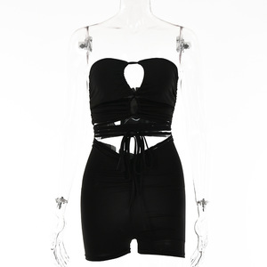 Sexy Backless Lace-Up Top High-Waisted Shorts <b>Set</b> Black Solid Color Polyester <b>Knitted</b> Women's Casual Suit FD9089 - Product Image 5