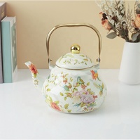Bouilloire en émail blanc classique de 1,5 L, théière au design moderne en métal avec décalcomanie d'oiseaux et de fleurs, bouilloire à thé en forme de poire pour cuisinière