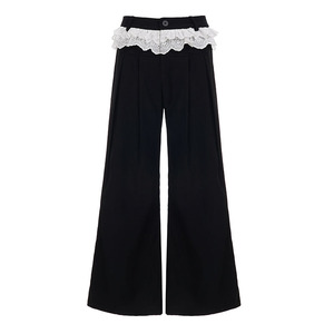 Pantalon de costume large noir pour femme avec taille haute à volants en dentelle blanche, coupe ample, décontracté, longueur au sol - Product Image 6
