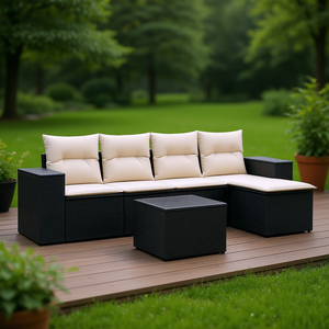 Conjunto de Sofás de Jardín de Ratán Negro Moderno, Muebles Modulares para Exteriores con Cojines de Espuma de Alta Densidad, Diseño Elegante para Patio - Product Image 2