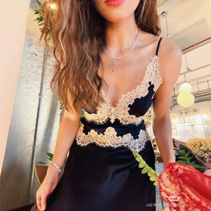 Vestido de satén de seda con encaje francés exquisito para mujer, elegante, de lujo, con cuello en V, estilo vintage, hasta la rodilla, natural, para verano. - Product Image 5