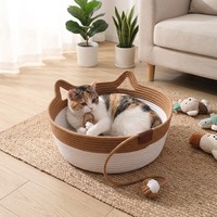 Panier pour chat en corde de coton tissé à la main avec poignée, grand panier rond bohème pour chat, lavable et respirant, durable