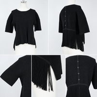 Haut élégant côtelé à manches courtes pour femme, avec boutons au dos et ourlet à franges, chemisier décontracté ample, chemise tricotée tendance pour le bureau