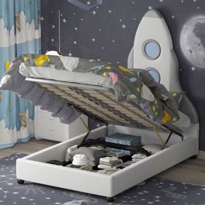 Lit de jour pour enfants Rocket Ship en bois massif, moderne et confortable, avec rangement et design aventure de dessin animé pour chambre à coucher - Product Image 4