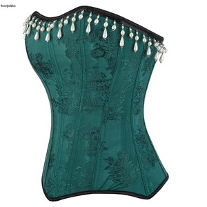 <span class=keywords><strong>Vert</strong></span> foncé femmes brocart à lacets surbuste Corselet mince corsage fermeture éclair latérale dos dentelle serré Corset <span class=keywords><strong>Bustier</strong></span> avec perle blanche - Product Image 2