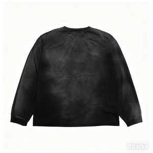Camiseta de Manga Larga Oversize para Hombre, Negra, de Algodón Jersey, Cuello Redondo, Casual, Transpirable, Tejida, Diseño de Color Sólido - Product Image 5
