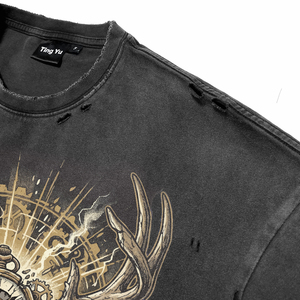 <b>Men's</b> Vintage Spray Wash Distress Cotton Oversized Tees <b>Steampunk</b> Antlers Watch Print High Quality Breathable T-Shirts - Product Image 5