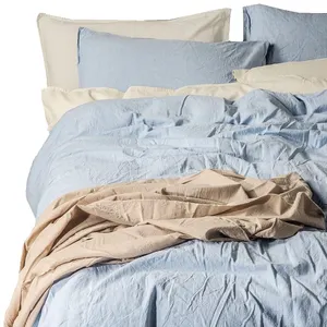 100% 纯棉新款洗棉床上用品套装纯色灰蓝色4pc羽绒被被套棉套被套床单套装