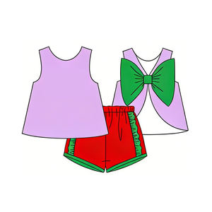 GSSO3460 CUSTOM Conjunto de ropa para niña pequeña sin lazo, estampado de lazos morados y rosas, venta al por mayor, conjunto de manga voladora para niña - Product Image 6