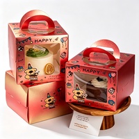 Boîte à pâtisserie en carton imprimé, boîte à gâteau d'anniversaire avec fenêtre transparente en PET, poignée portable, emballage cadeau pour les fêtes, emballage pour desserts