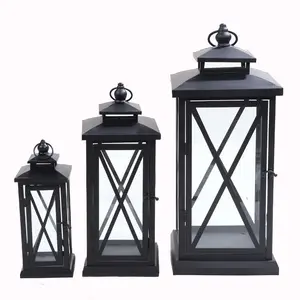 Set of 3 Candle Lantern Large Wedding Decorative Black Metal Lantern