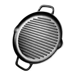 Wholesale cast iron BBQ steak frying pan pre-seasoned deep round cast iron griddle grill pan with dual handles