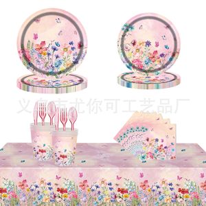Spring Floral Party Tableware Set Disposable Plates Cups Napkins Fork Spoon Party Supplies Kit Casual Style - Product Image 1