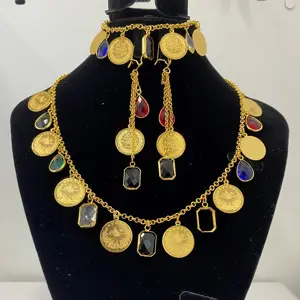 Set Perhiasan Zirkon Kubik Modis Tipe Sederhana dengan Kalung Set Perhiasan Koin Berlapis Emas Pakistan 18K