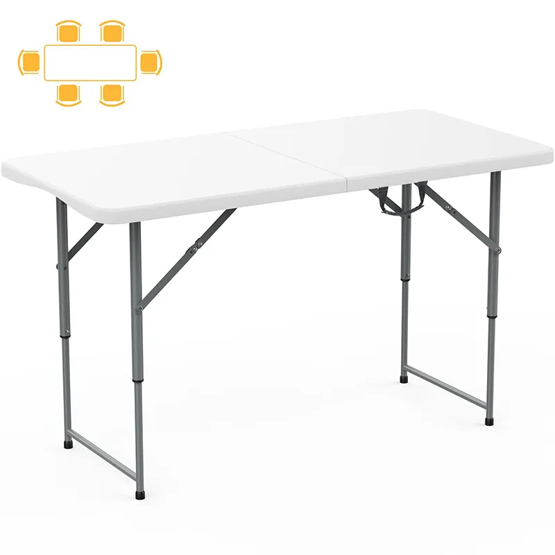 Meja lipat plastik untuk berkemah, portabel luar ruangan piknik 4 kaki Hdpe putih