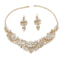 Parure Classique Plaqué Or avec Collier et Boucles d'Oreilles en Cristal, Style Européen Exagéré, Chaîne en Alliage, Accessoires pour Mariage et Anniversaire