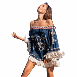 Tunique en dentelle brodée de haute qualité pour femmes Robe de soirée unique à épaules dénudées Tissage tissé Motif solide Taille naturelle - Product Image 1