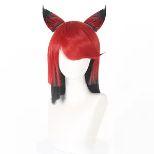Ainizi 35cm rojo mixto negro peluca sintética personaje de Alastor Cosplay Peluca de Hazbin Hotel Halloween Cosplay