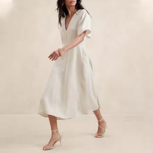 Nouvelles robes d'été pour femmes, robes décontractées amples et modestes, robes pour femmes à col en V profond, robe en lin de haute qualité à manches courtes, longueur midi - Product Image 3
