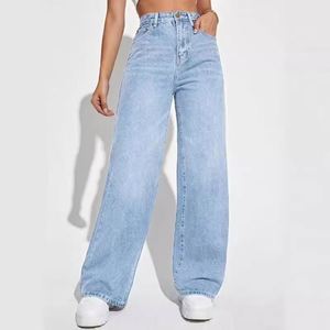 Pantalones Vaqueros Rectos de Moda I-0582, Pantalones Largos para Mujer, Lavado Azul, Cintura Alta, Moda Casual, Oferta, Jeans de Pierna Ancha - Product Image 4