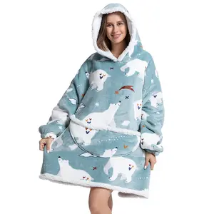Оптовая продажа, роскошное фланелевое одеяло для ношения на зиму, супермягкое толстое негабаритное Флисовое одеяло с капюшоном для детей