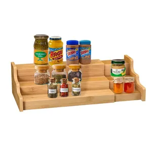 Wooden Spice Rack Kitchen Cabinet Organizer- 3 Tier Bamboo Expandable Display Shelf