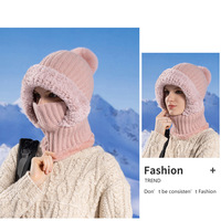 Bonnet, écharpe et masque tricotés tout-en-un pour femme, motif uni, coupe-vent, doublure polaire, chaud, en laine, idéal pour le cyclisme en hiver