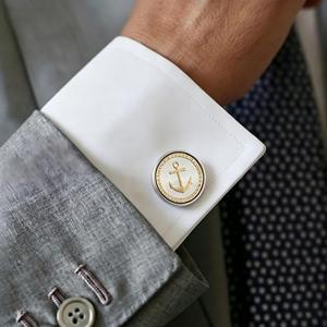 Gemelli da Uomo con Ancora Nautica, Motivo <span class=keywords><strong>Meander</strong></span>, Placcati Oro, Rotondi, Regalo per Testimoni di Nozze - Vendita all'Ingrosso - Product Image 2